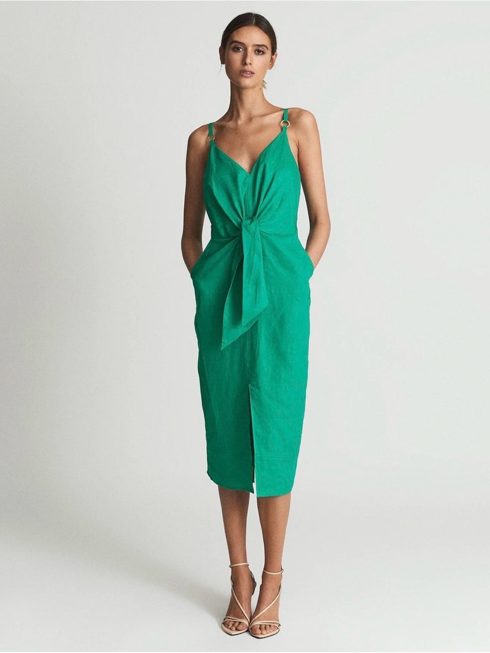 NEW Reiss Kay Green Tie-Front Midi Dress, Size 8